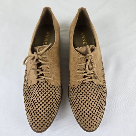 Anne Klein Laden I Flex Size 8.5M Tan Perforated Textile Lace Up Loafers NWOT - Picture 3 of 16